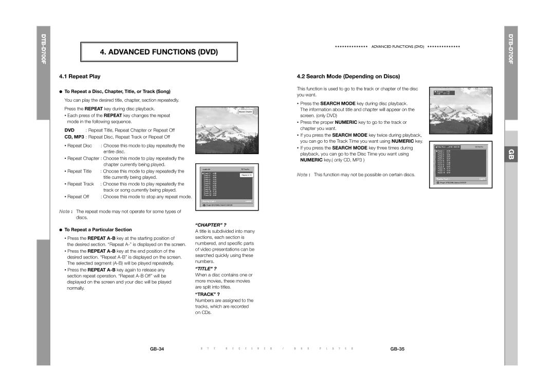 Samsung DTB-D700F Advanced Functions DVD, Repeat Play, Search Mode Depending on Discs, To Repeat a Particular Section 