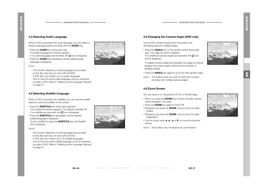 Samsung DTB-D700F Selecting Audio Language, Selecting Subtitle Language, Changing the Camera Angle DVD only, Zoom Screen 