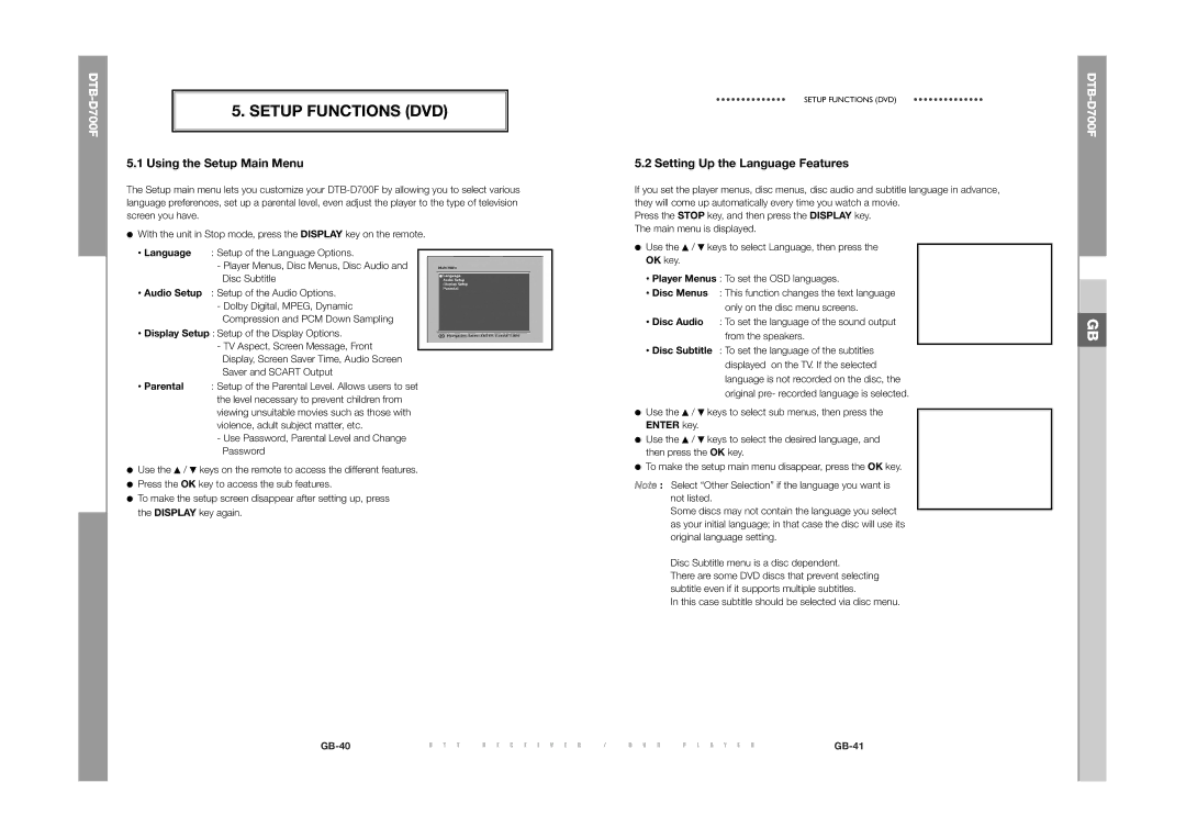 Samsung DTB-D700F manual Setup Functions DVD, Using the Setup Main Menu, Setting Up the Language Features 