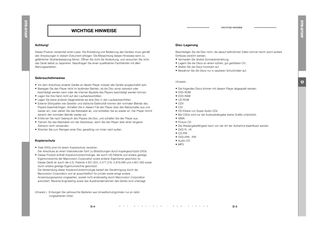 Samsung DTB-D700F manual Wichtige Hinweise, Achtung, Gebrauchshinweise, Kopierschutz, Disc-Lagerung 