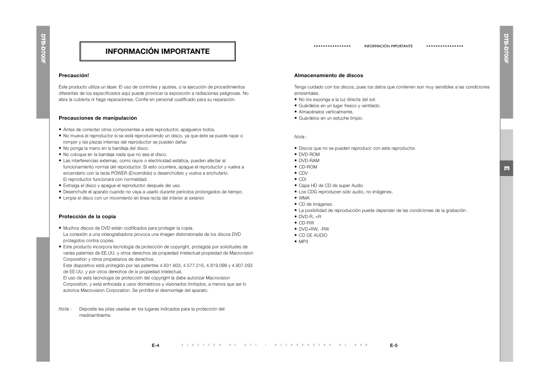 Samsung DTB-D700F manual Información Importante, Precaución, Precauciones de manipulación, Protección de la copia 