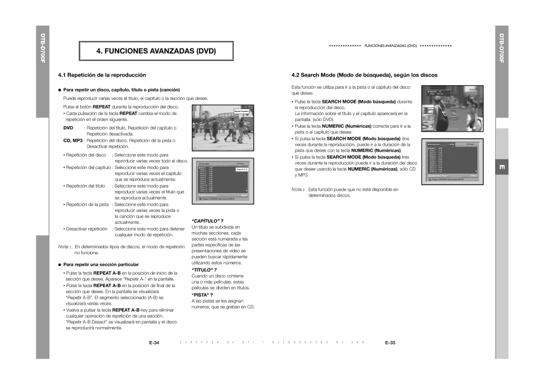 Samsung DTB-D700F Funciones Avanzadas DVD, Repetición de la reproducción, Search Mode Modo de búsqueda, según los discos 