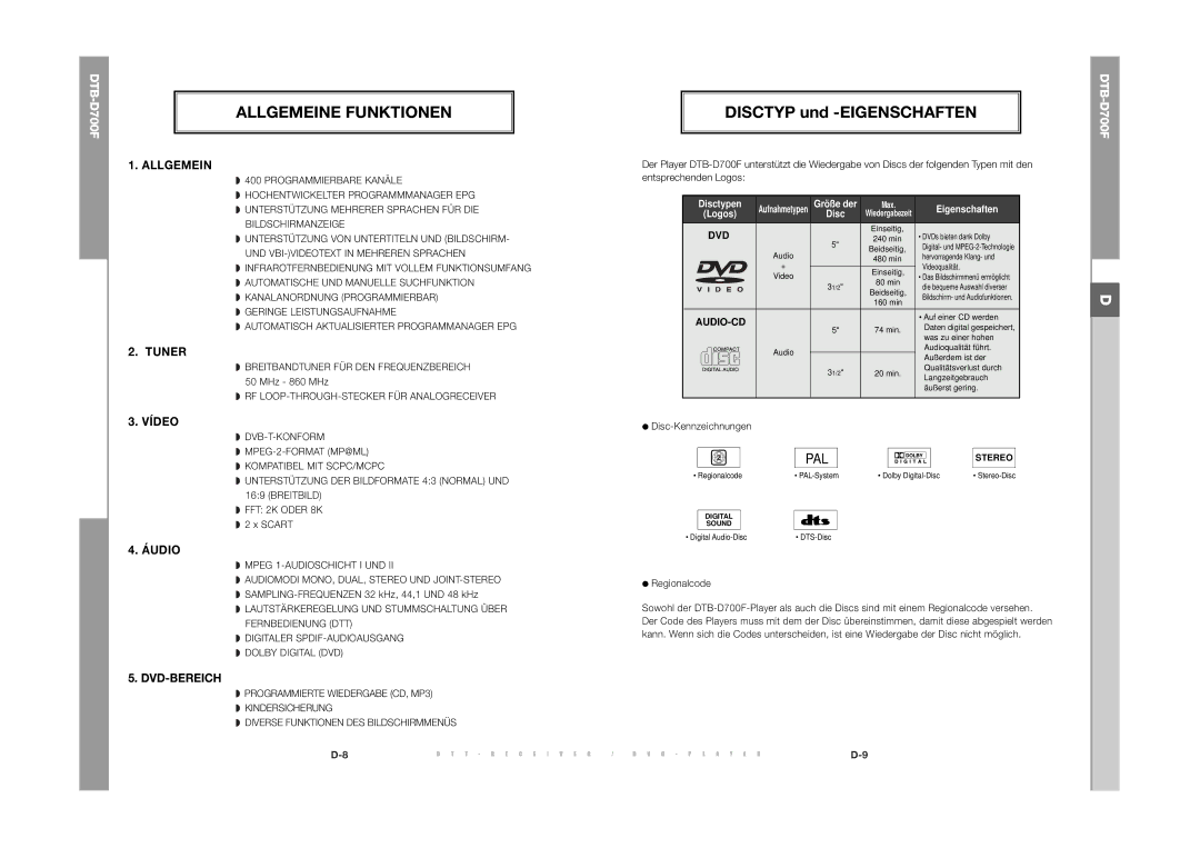 Samsung DTB-D700F manual Allgemeine Funktionen 