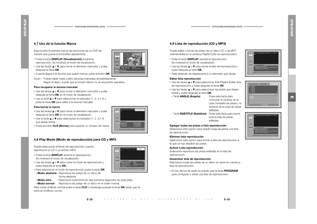 Samsung DTB-D700F Uso de la función Marca, Play Mode Modo de reproducción para CD y MP3, Lista de reproducción CD y MP3 