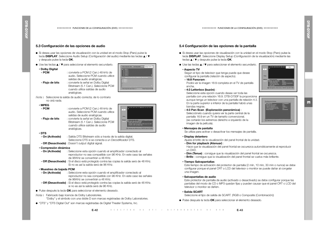 Samsung DTB-D700F Configuración de las opciones de audio, Configuración de las opciones de la pantalla, Pcm, Mpeg PCM 