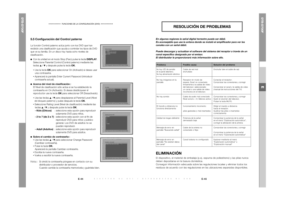 Samsung DTB-D700F Resolución DE Problemas, Eliminación, Configuración del Control paterno, Sobre el cambio de contraseña 