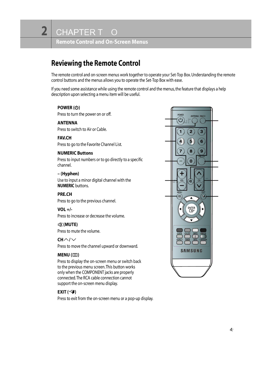 Samsung DTB-H260F manual Chapter TWO, Reviewing the Remote Control 