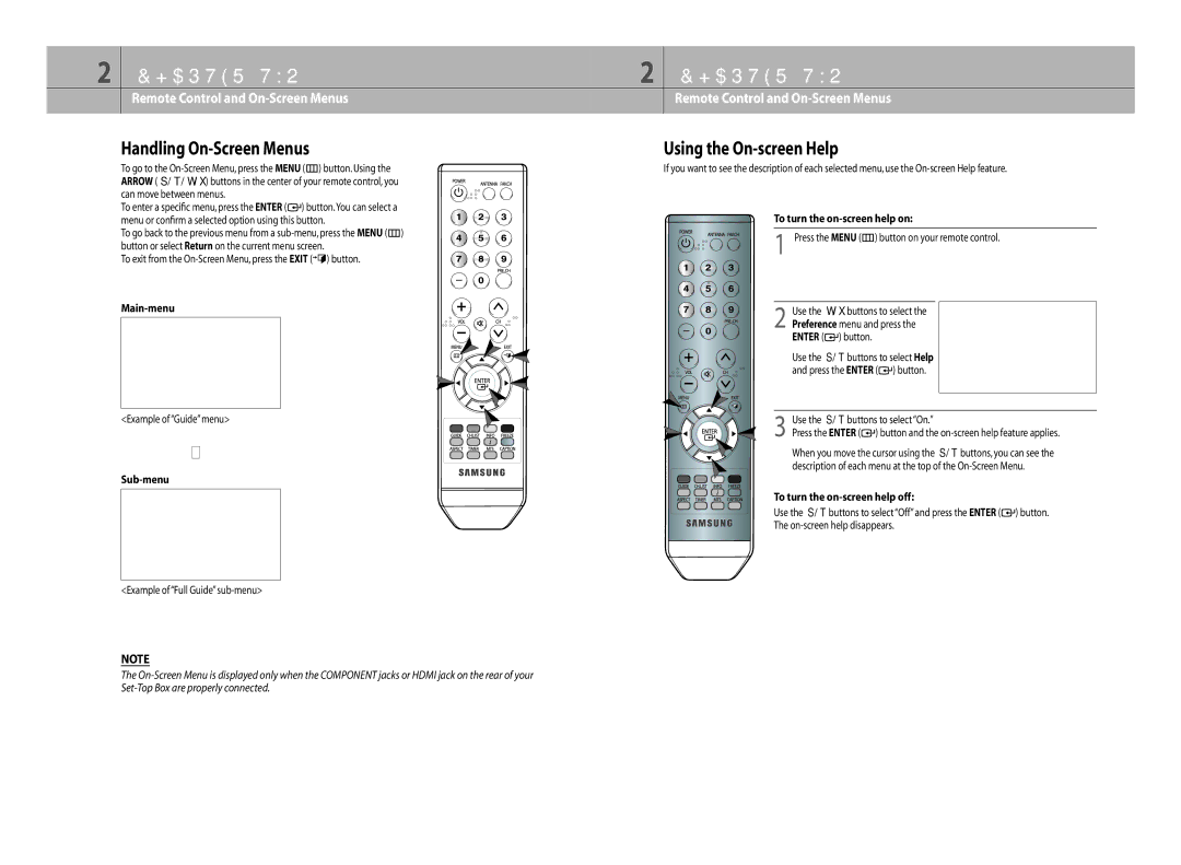 Samsung DTB-H260F manual Handling On-Screen Menus, Using the On-screen Help 