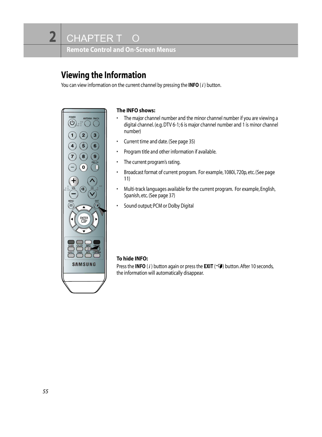 Samsung DTB-H260F manual Viewing the Information, Info shows, To hide Info 