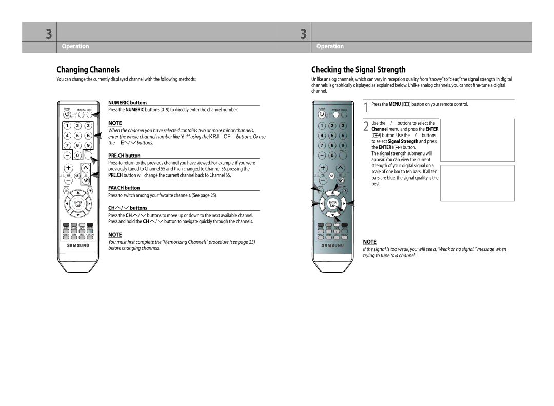 Samsung DTB-H260F manual Changing Channels, Checking the Signal Strength, PRE.CH button, FAV.CH button, CH / buttons 