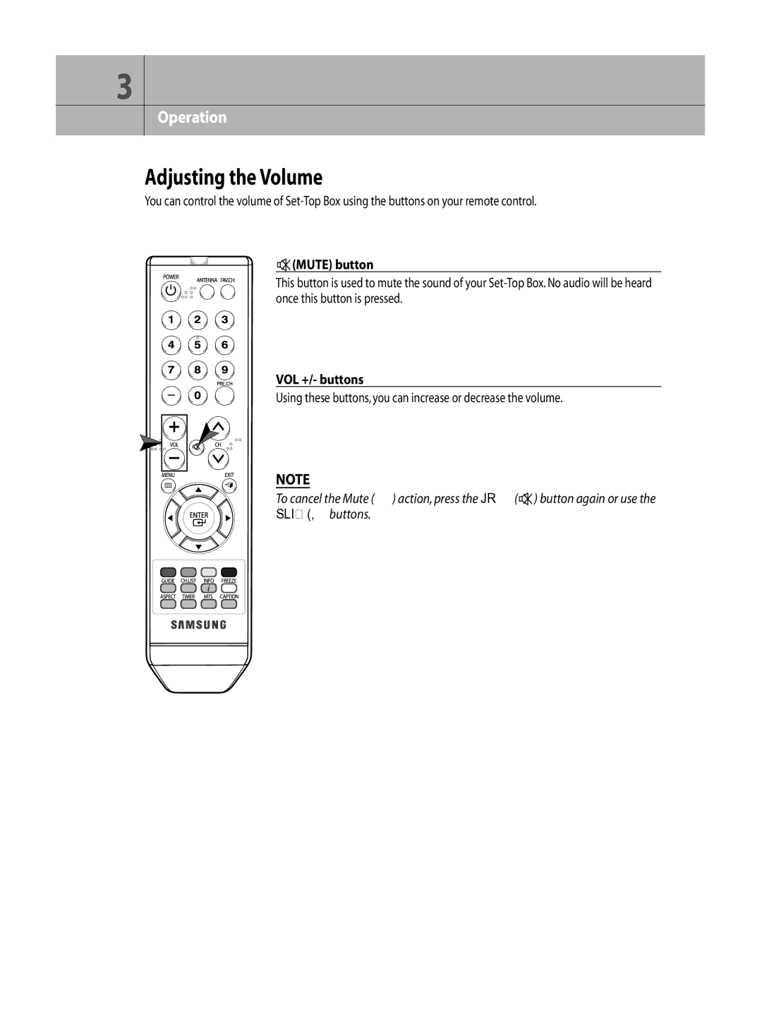 Samsung DTB-H260F manual Adjusting the Volume, Mute button, VOL +/- buttons 