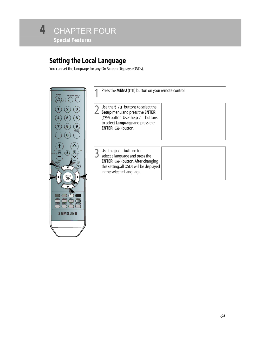 Samsung DTB-H260F manual Chapter Four, Setting the Local Language 