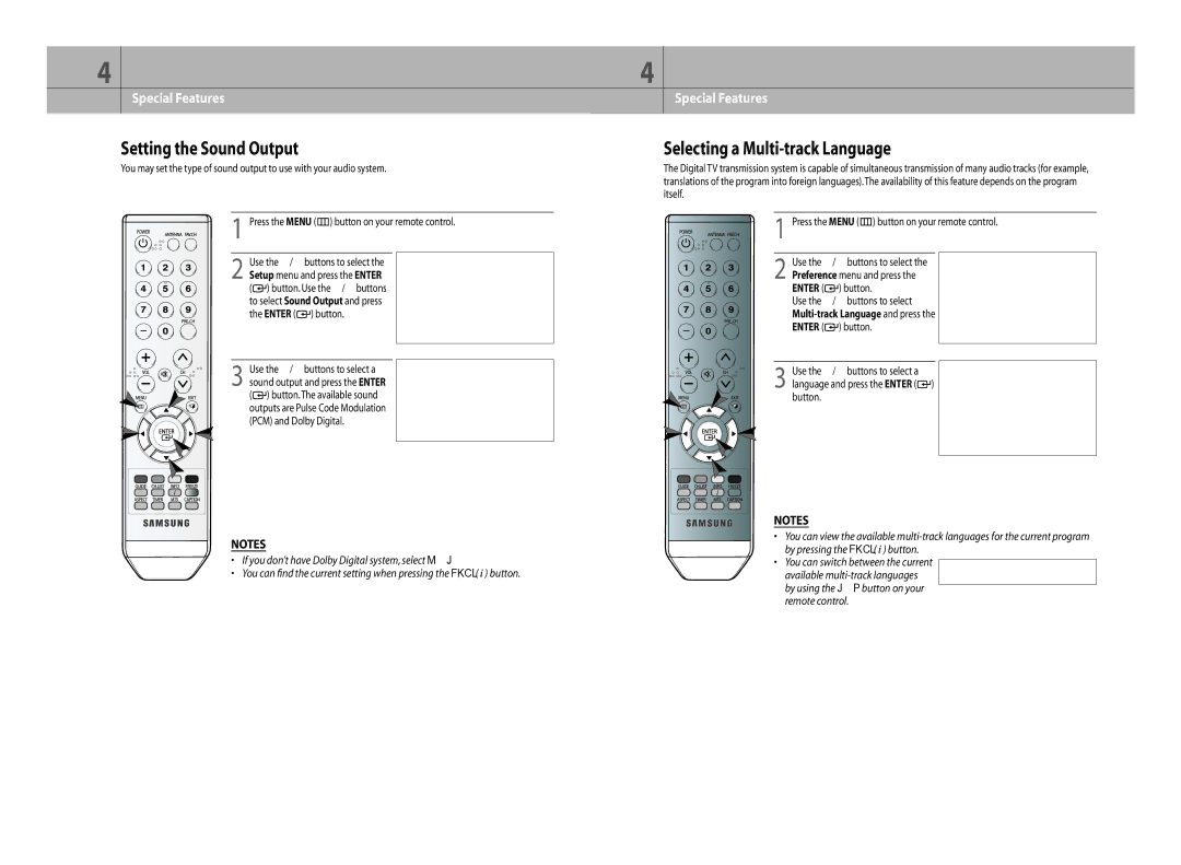 Samsung DTB-H260F Setting the Sound Output, Selecting a Multi-track Language, Enter button Use the /buttons to select 