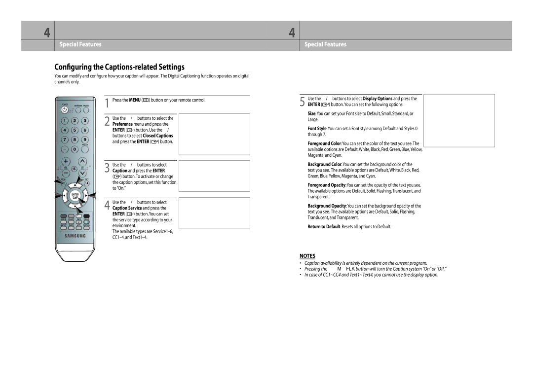 Samsung DTB-H260F manual Conﬁguring the Captions-related Settings, Return to Default Resets all options to Default 