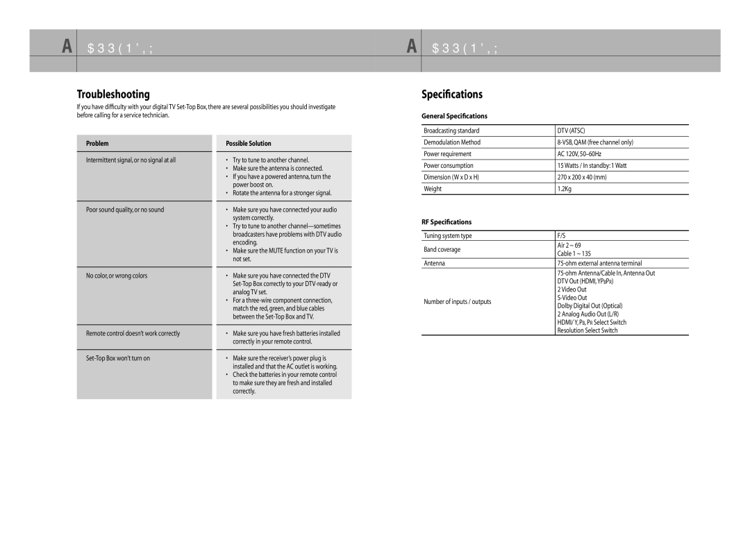 Samsung DTB-H260F manual Appendix, Troubleshooting, Speciﬁcations 