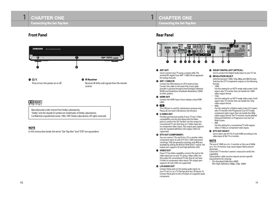 Samsung DTB-H260F manual Chapter ONE, 5 6 IR Receiver, Control, Manufactured under license from Dolby Laboratories 