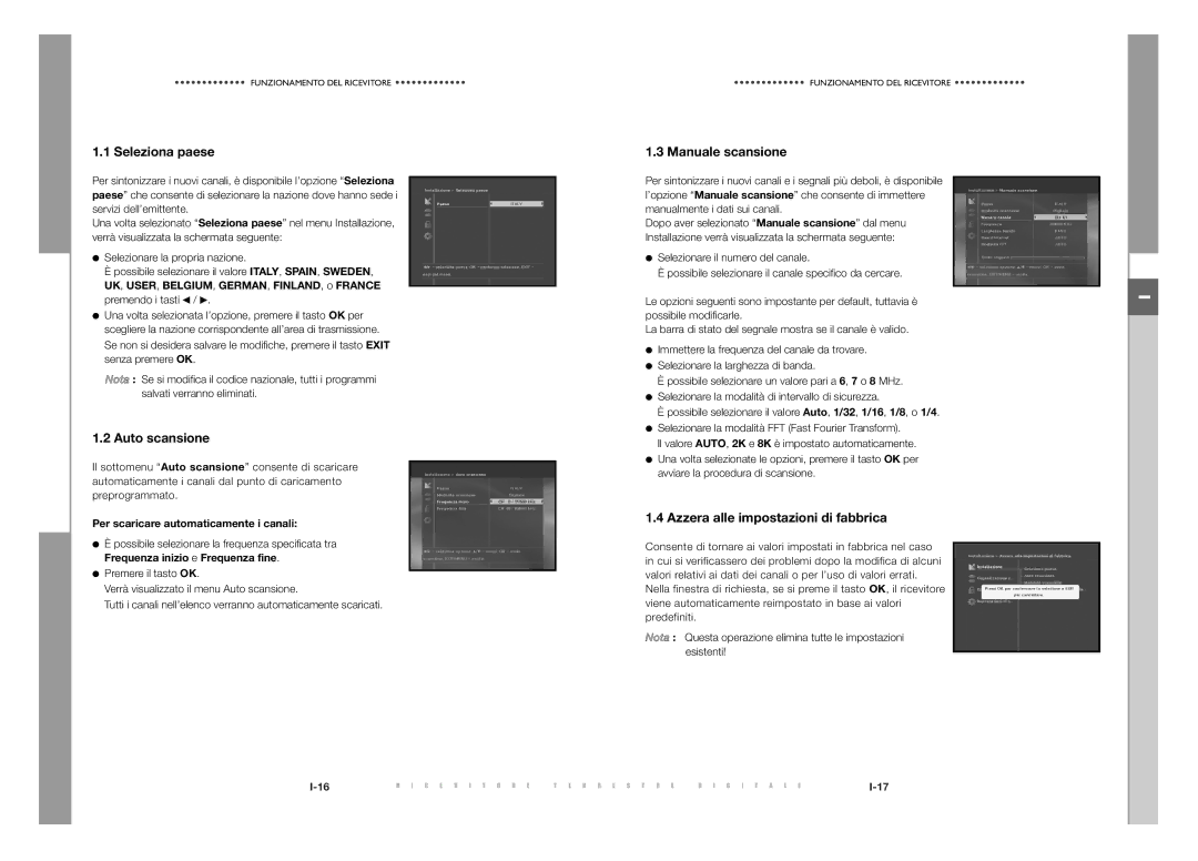 Samsung DTB-S500F, DTB-S501E manual Seleziona paese, Auto scansione, Manuale scansione, Azzera alle impostazioni di fabbrica 