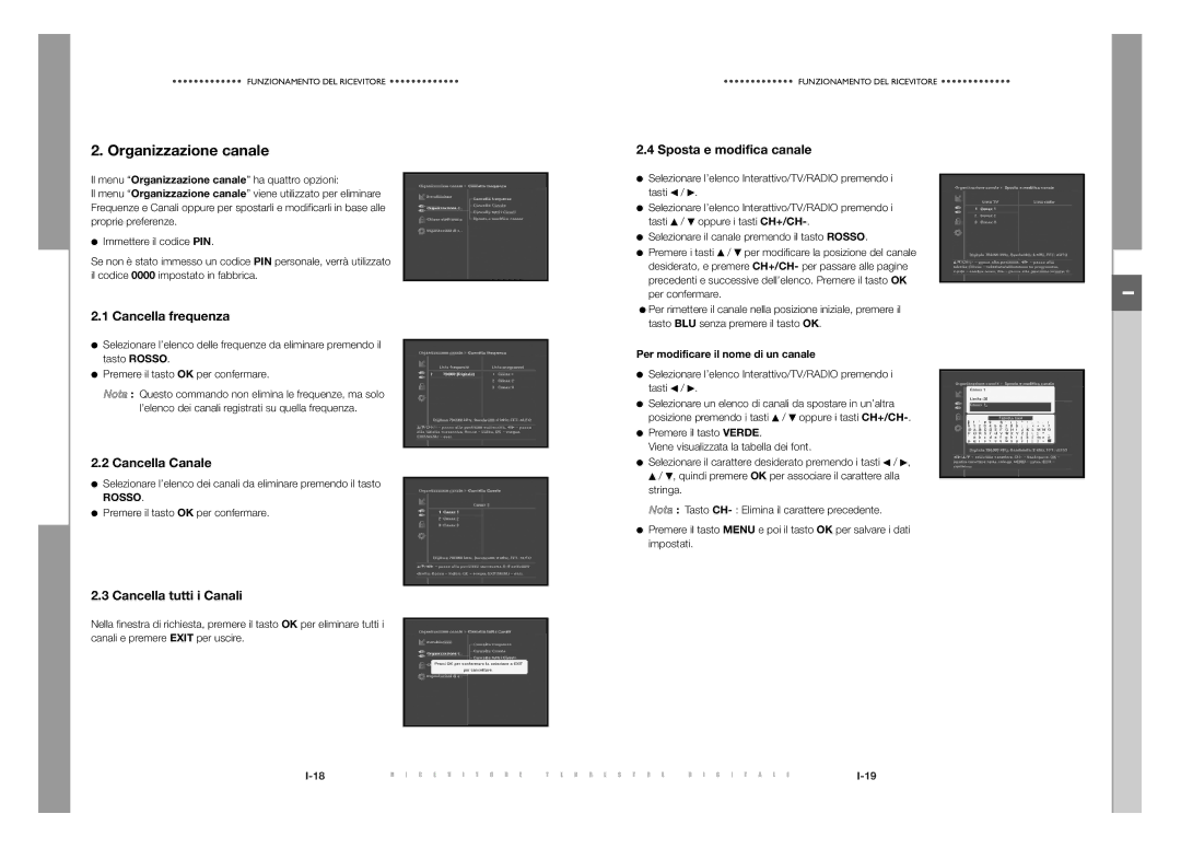 Samsung DTB-S501E, DTB-S500F manual Organizzazione canale, Cancella frequenza, Cancella Canale, Cancella tutti i Canali 