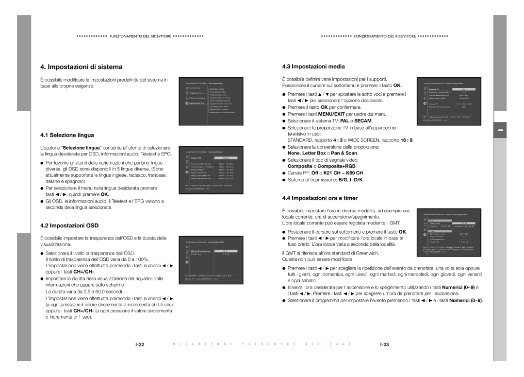 Samsung DTB-S501E, DTB-S500F manual Impostazioni di sistema, Selezione lingua, Impostazioni OSD, Impostazioni media 