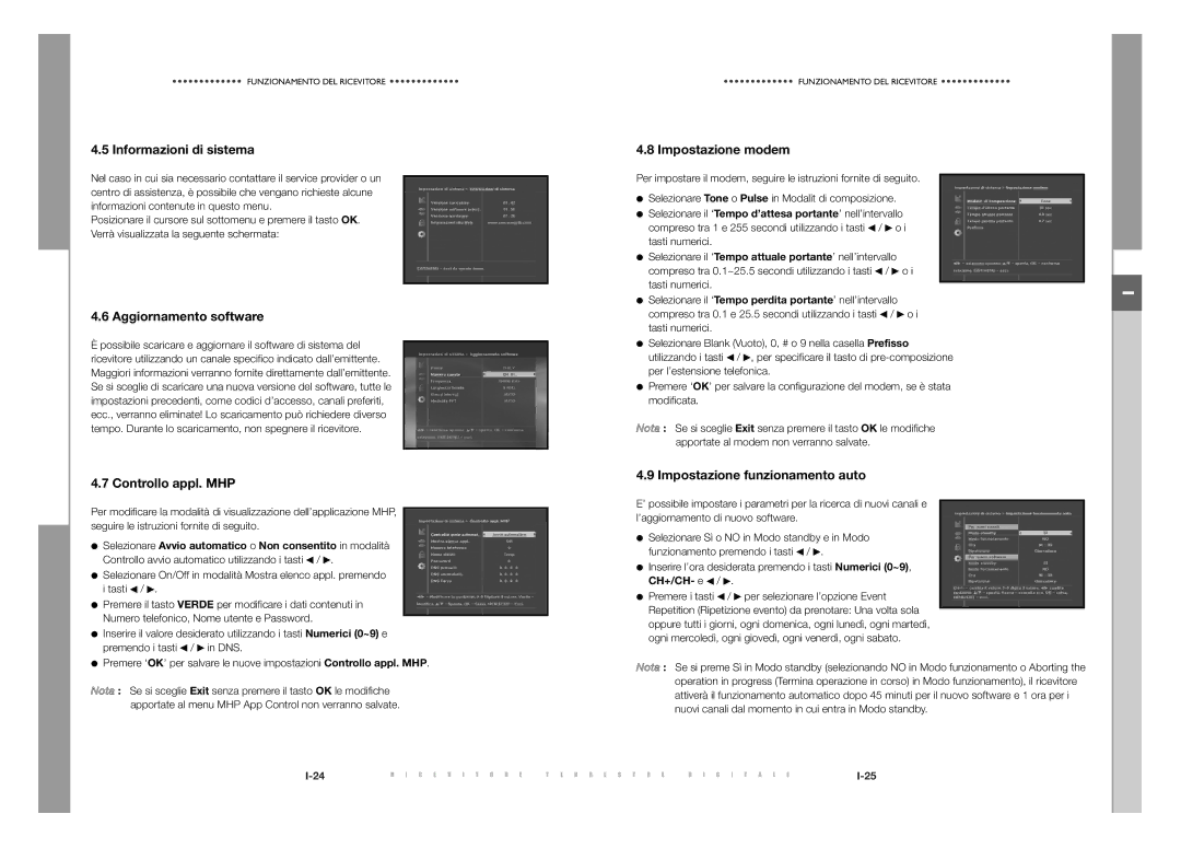 Samsung DTB-S500F, DTB-S501E manual Informazioni di sistema, Aggiornamento software, Controllo appl. MHP, Impostazione modem 