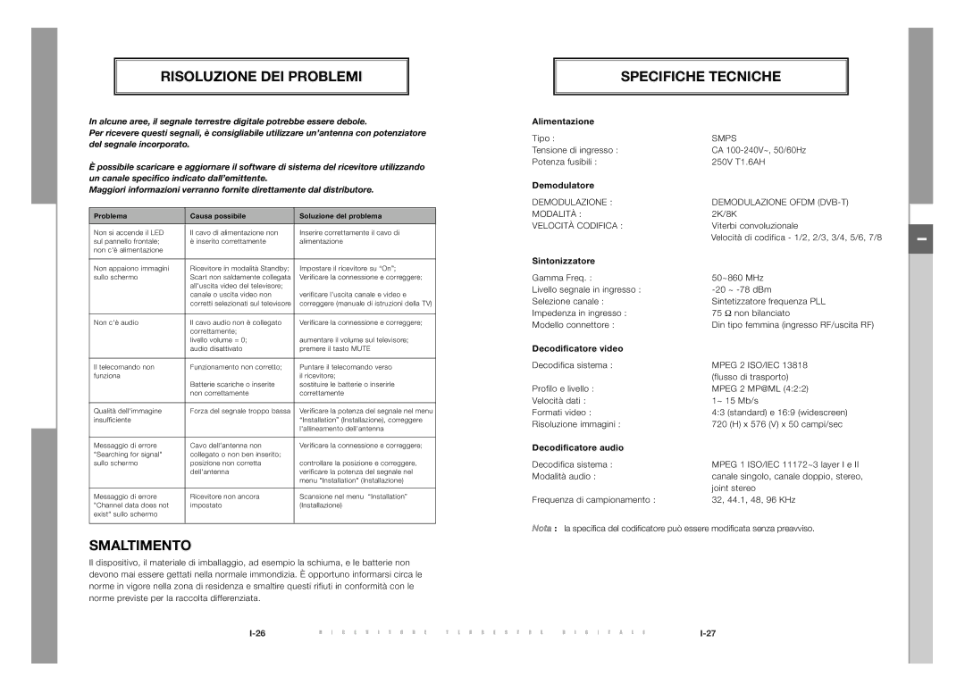 Samsung DTB-S501E, DTB-S500F manual Risoluzione DEI Problemi, Smaltimento, Specifiche Tecniche 