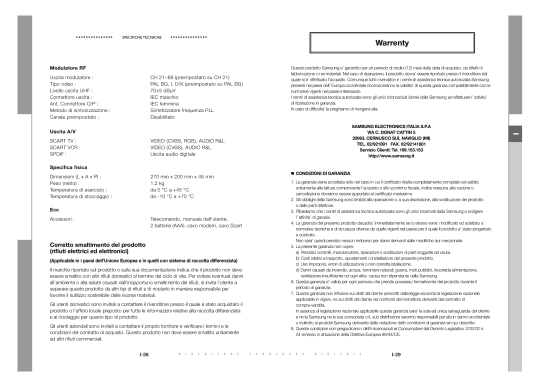 Samsung DTB-S500F, DTB-S501E manual Modulatore RF, Uscita A/V, Specifica fisica, Ecc 