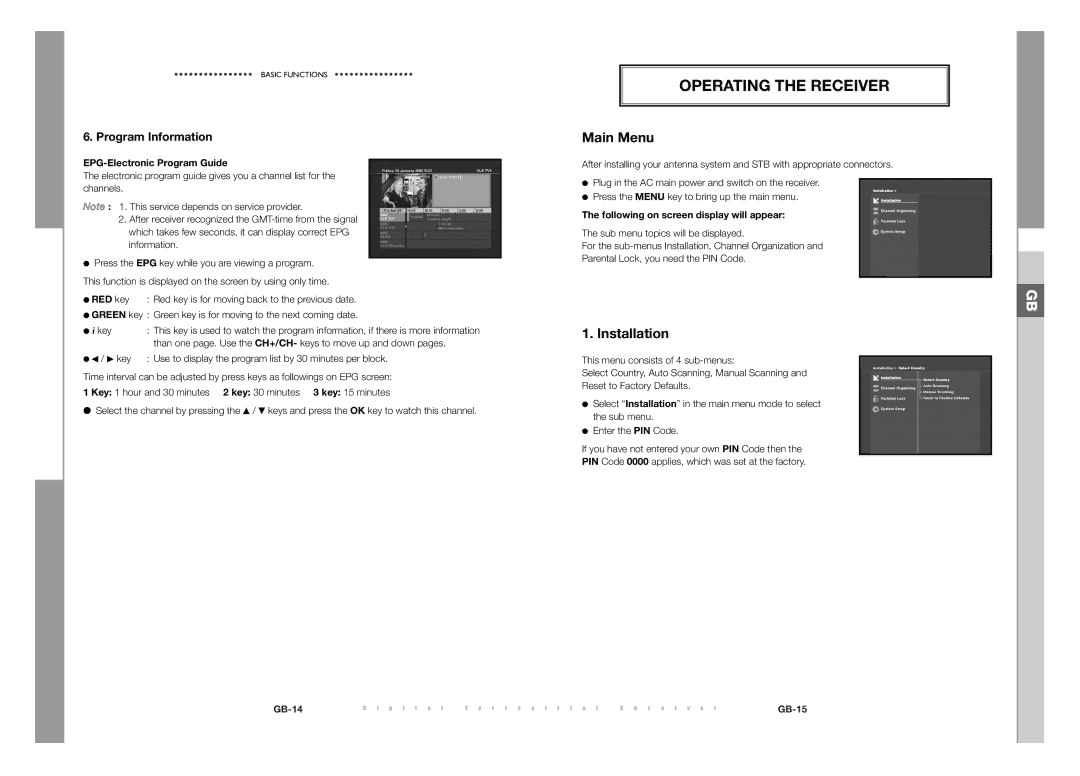 Samsung DTB-S501E, DTB-S500F manual Operating the Receiver, Main Menu, Installation, Program Information 