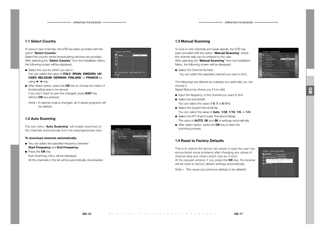 Samsung DTB-S500F, DTB-S501E manual Select Country, Auto Scanning, Manual Scanning, Reset to Factory Defaults 