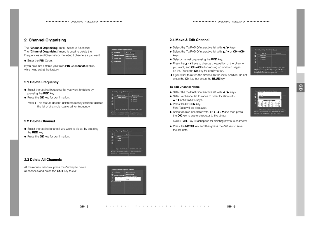 Samsung DTB-S501E manual Channel Organising, Delete Frequency, Delete Channel, Delete All Channels, Move & Edit Channel 