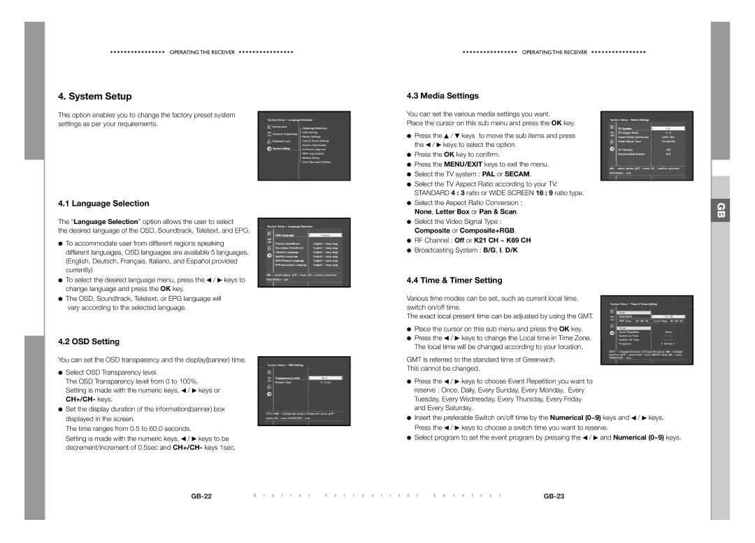 Samsung DTB-S501E, DTB-S500F manual System Setup, Language Selection, OSD Setting, Media Settings, Time & Timer Setting 