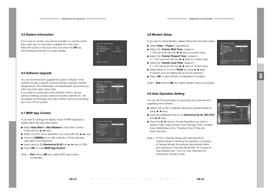 Samsung DTB-S500F, DTB-S501E System Information, Software Upgrade, MHP App Control, Modem Setup, Auto Operation Setting 