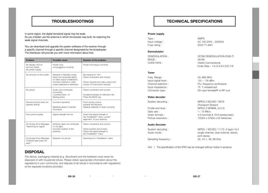 Samsung DTB-S501E, DTB-S500F manual Troubleshootings, Disposal, Technical Specifications 