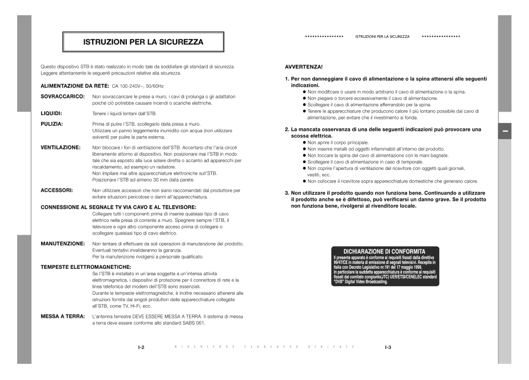 Samsung DTB-S501E, DTB-S500F manual Istruzioni PER LA Sicurezza, Avvertenza, Alimentazione DA Rete CA 100-240V~, 50/60Hz 