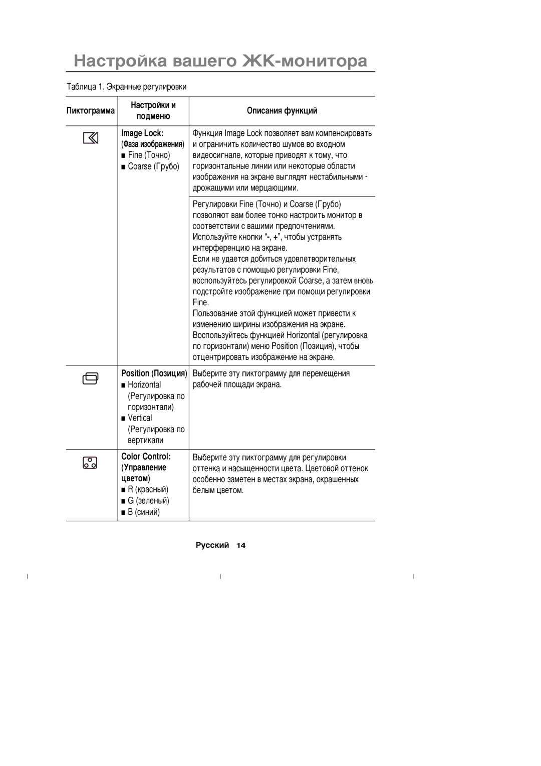 Samsung CN17ASAN/EDC manual Èêòîãðàììà Àñòðîéêè è Žïèñàíèß ôóíêöèé Ïîäìåíþ Image Lock, Color Control, Ïðàâëåíèå, Öâåòîì 