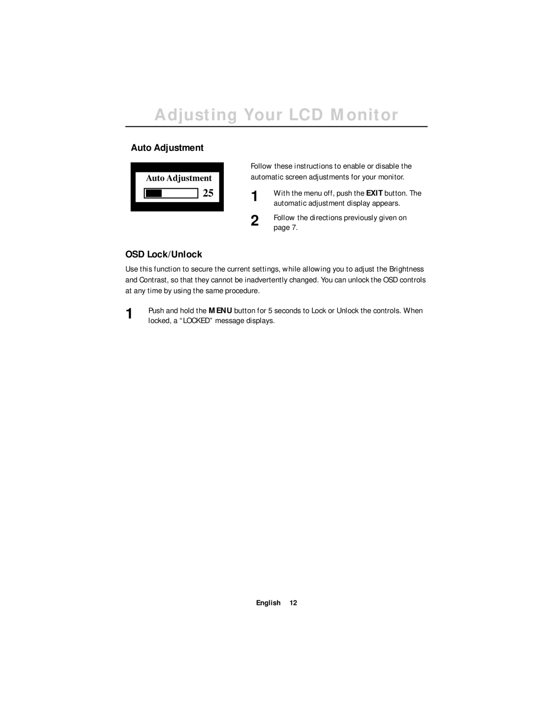 Samsung CN17ASAS/XSJ, DV17MSSAN/XEU, DV17MSSAN/XSJ manual Auto Adjustment, OSD Lock/Unlock, Locked, a Locked message displays 