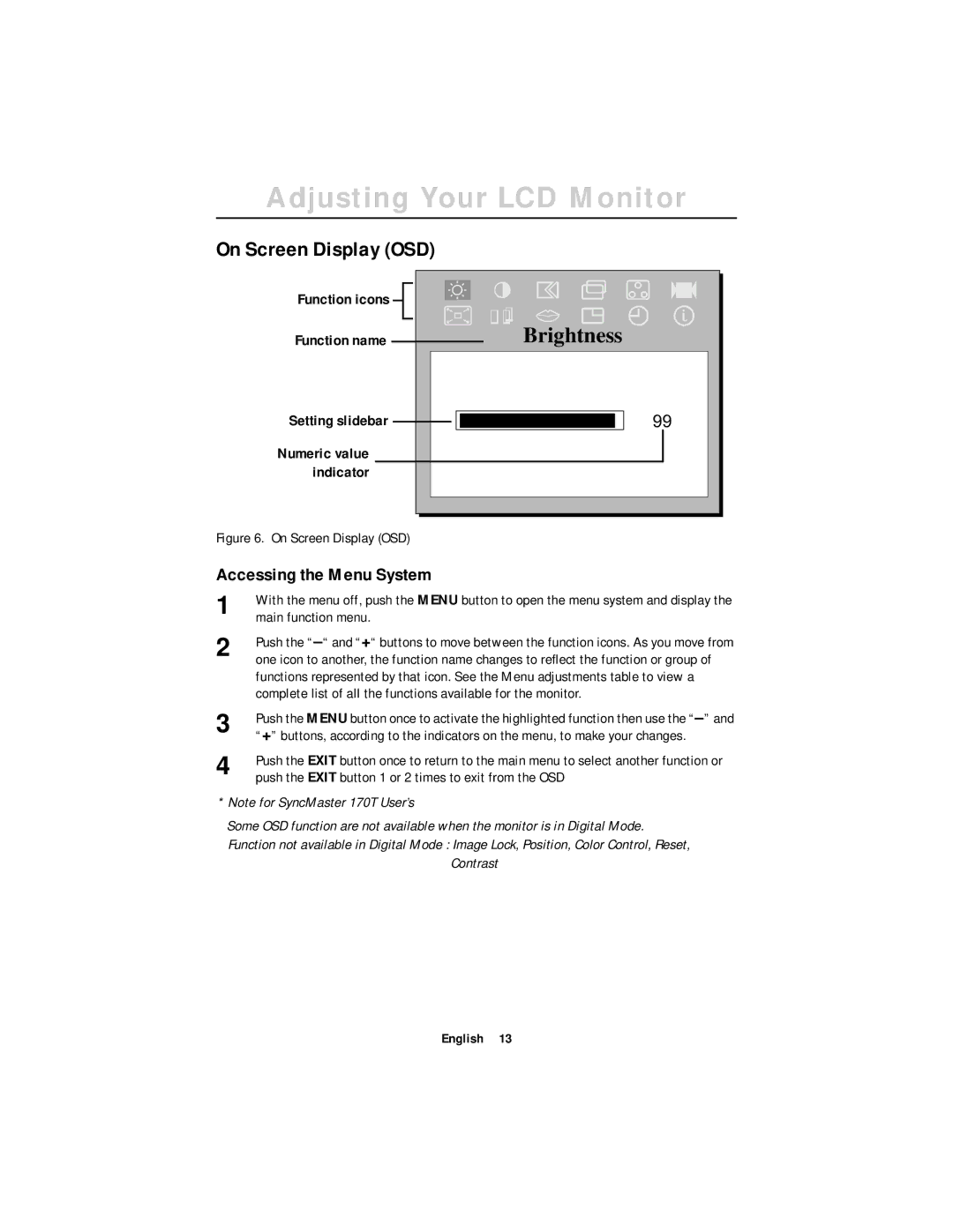 Samsung CN17ASAS/EDC, DV17MSSAN/XEU manual On Screen Display OSD, Accessing the Menu System, Function icons, Numeric value 