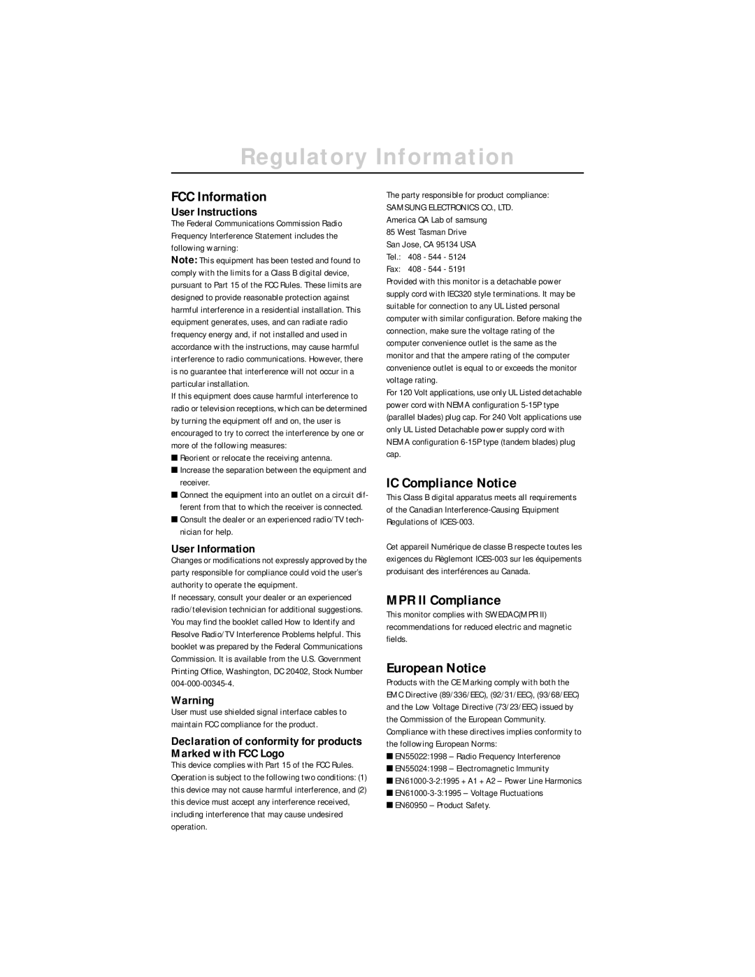 Samsung DV17MSSAS/EDC Regulatory Information, FCC Information, IC Compliance Notice, MPR II Compliance, European Notice 