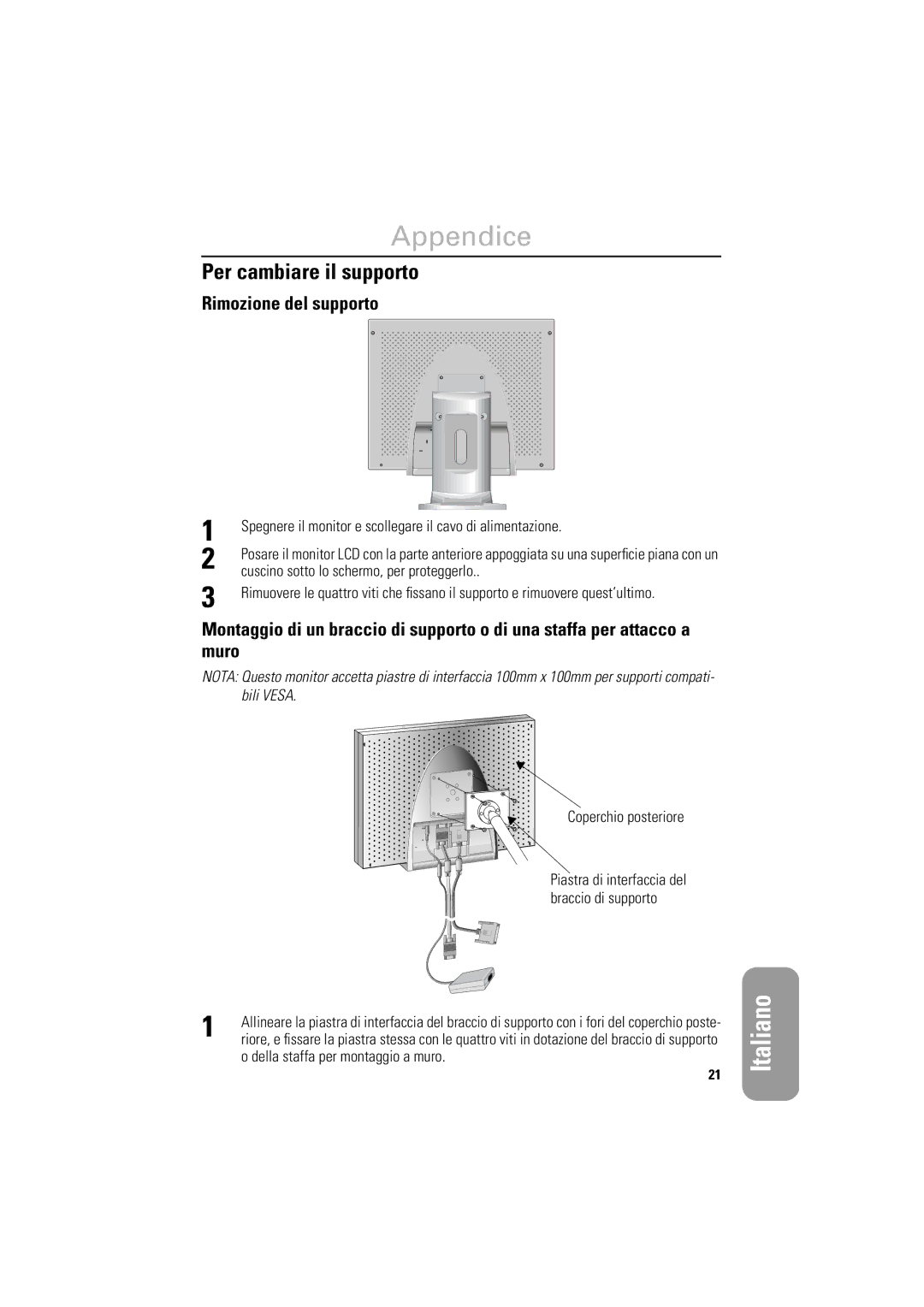 Samsung LSA800SN/XET manual Per cambiare il supporto, Rimozione del supporto, Cuscino sotto lo schermo, per proteggerlo 