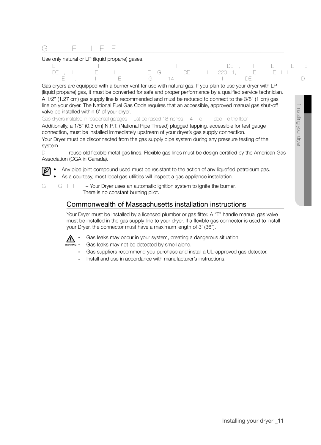 Samsung DV203 user manual GAS Requirements, Commonwealth of Massachusetts installation instructions 