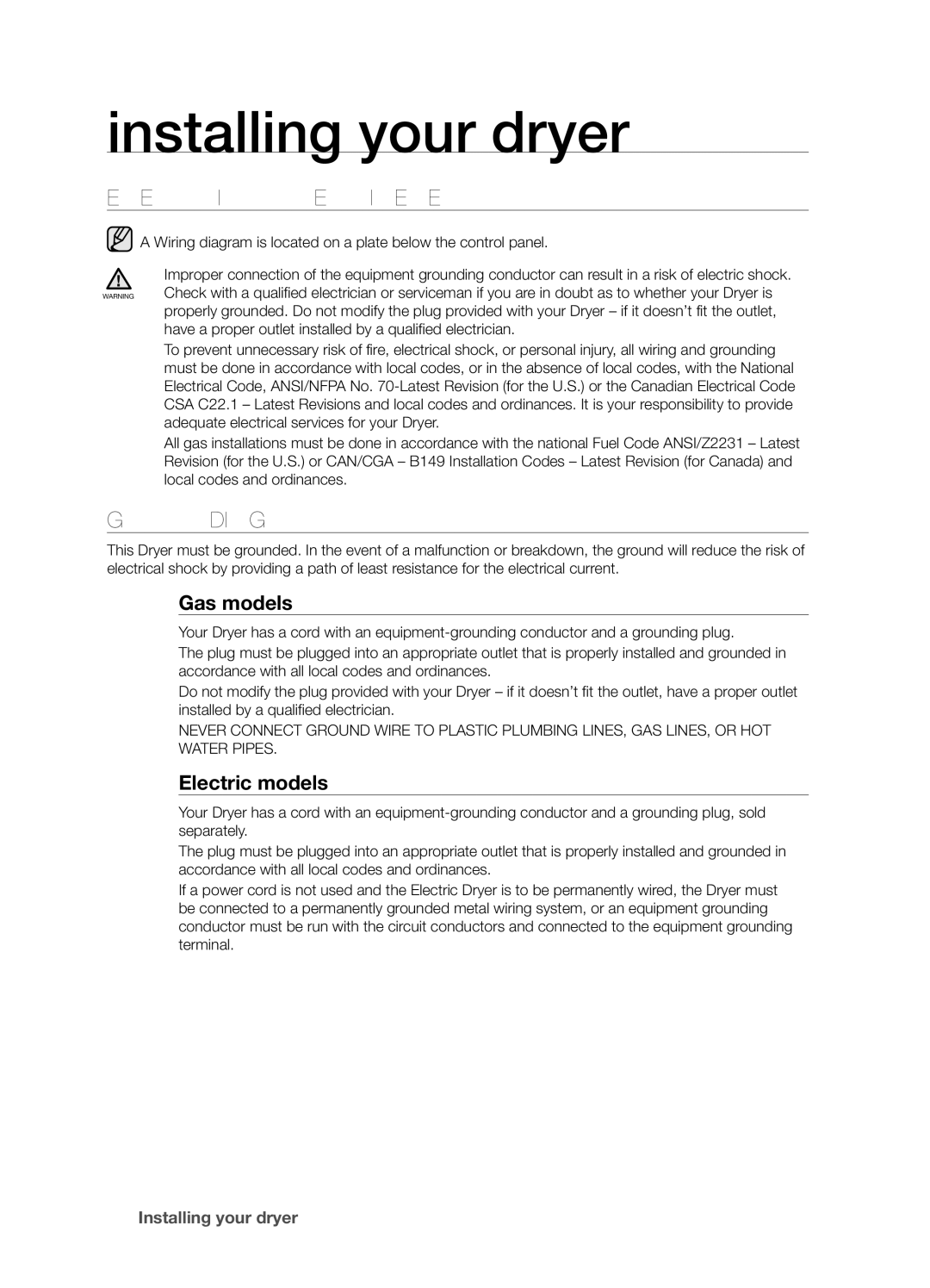 Samsung DV203 user manual Electrical Requirements, Grounding, Gas models, Electric models 