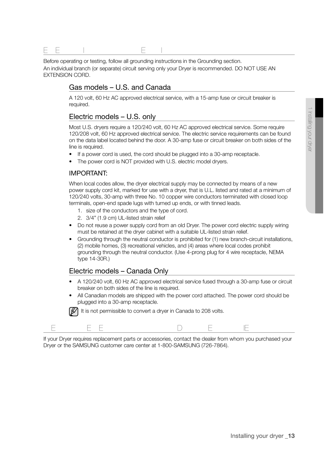 Samsung DV203 user manual Electrical Connections, Replacement Parts and Accessories, Gas models U.S. and Canada 