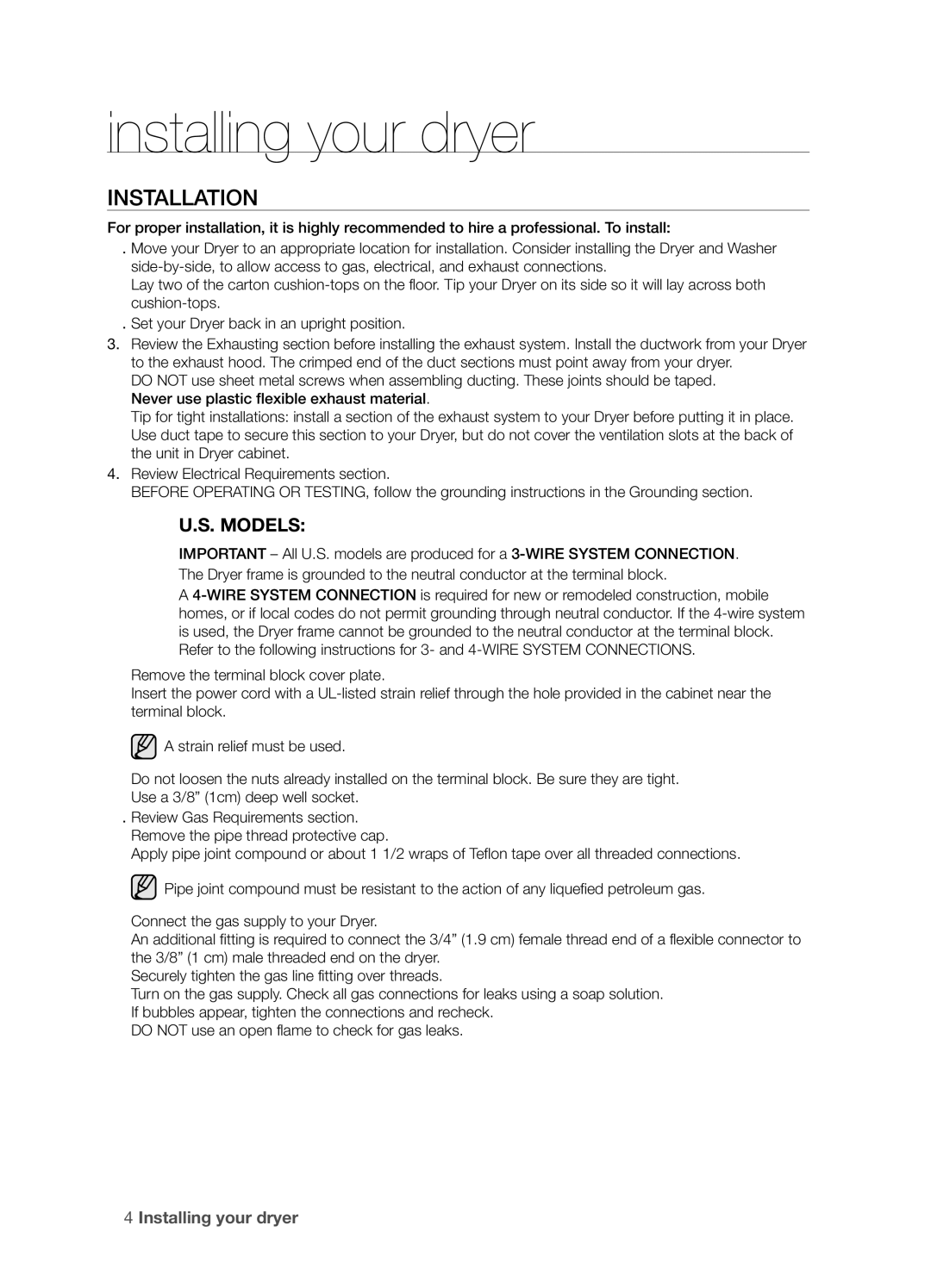 Samsung DV203 user manual Installation, Models 