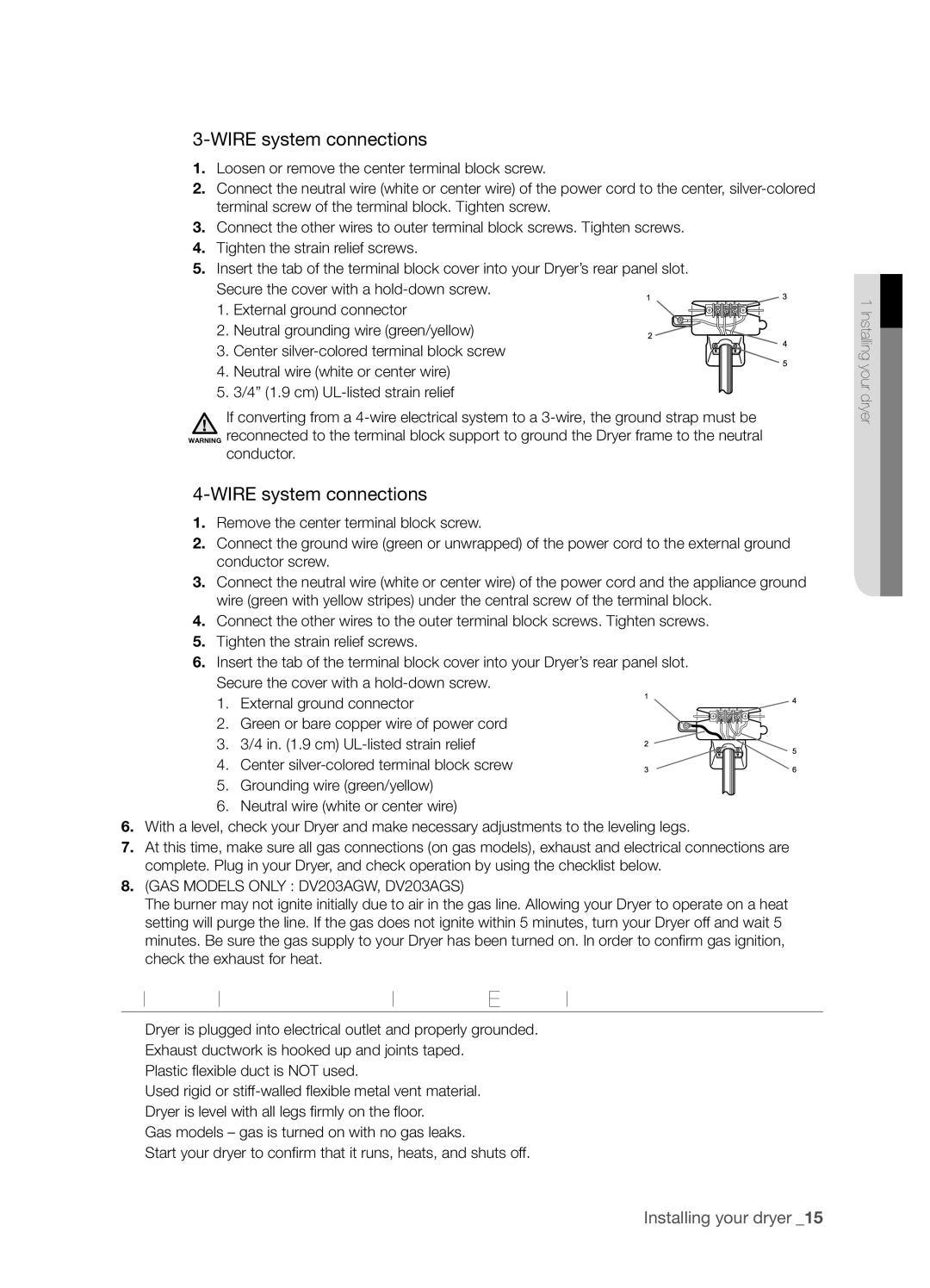 Samsung DV203 user manual Final Installation Checklist, Wire system connections 