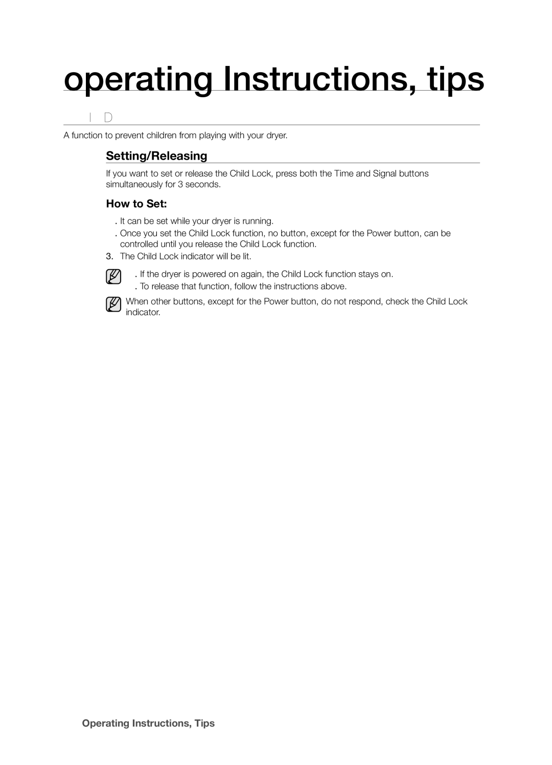 Samsung DV203 user manual Child Lock, Setting/Releasing 