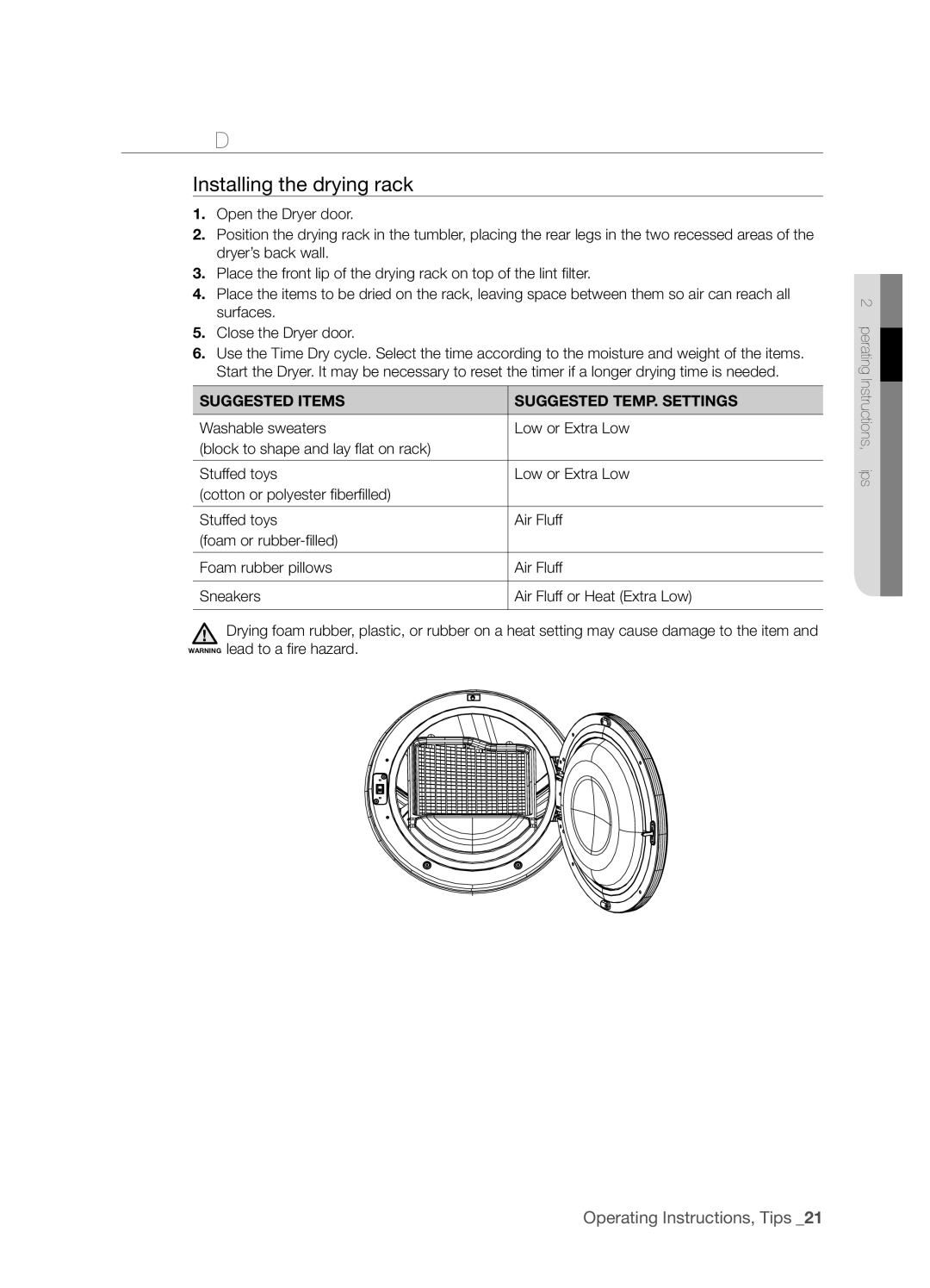 Samsung DV203 user manual Rack DRY, Installing the drying rack, Suggested Items Suggested TEMP. Settings 