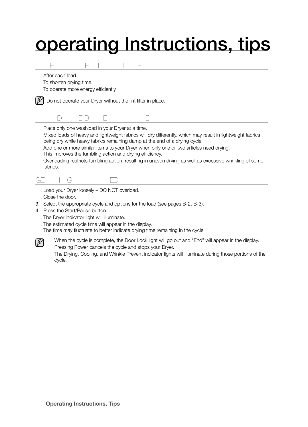 Samsung DV203 user manual Clean the Lint Filter, Load the Dryer Properly, Getting Started 