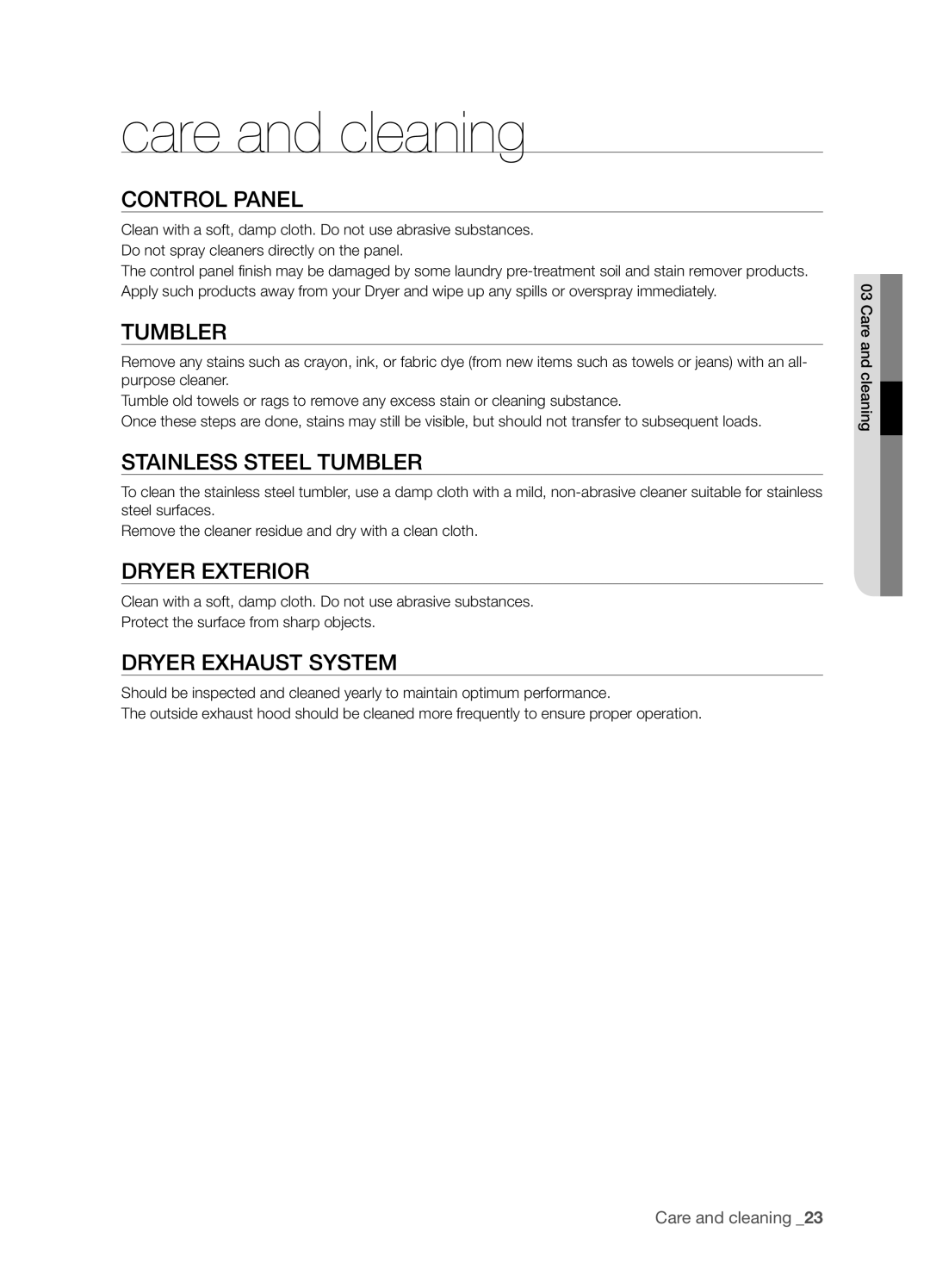 Samsung DV203 user manual Care and cleaning 