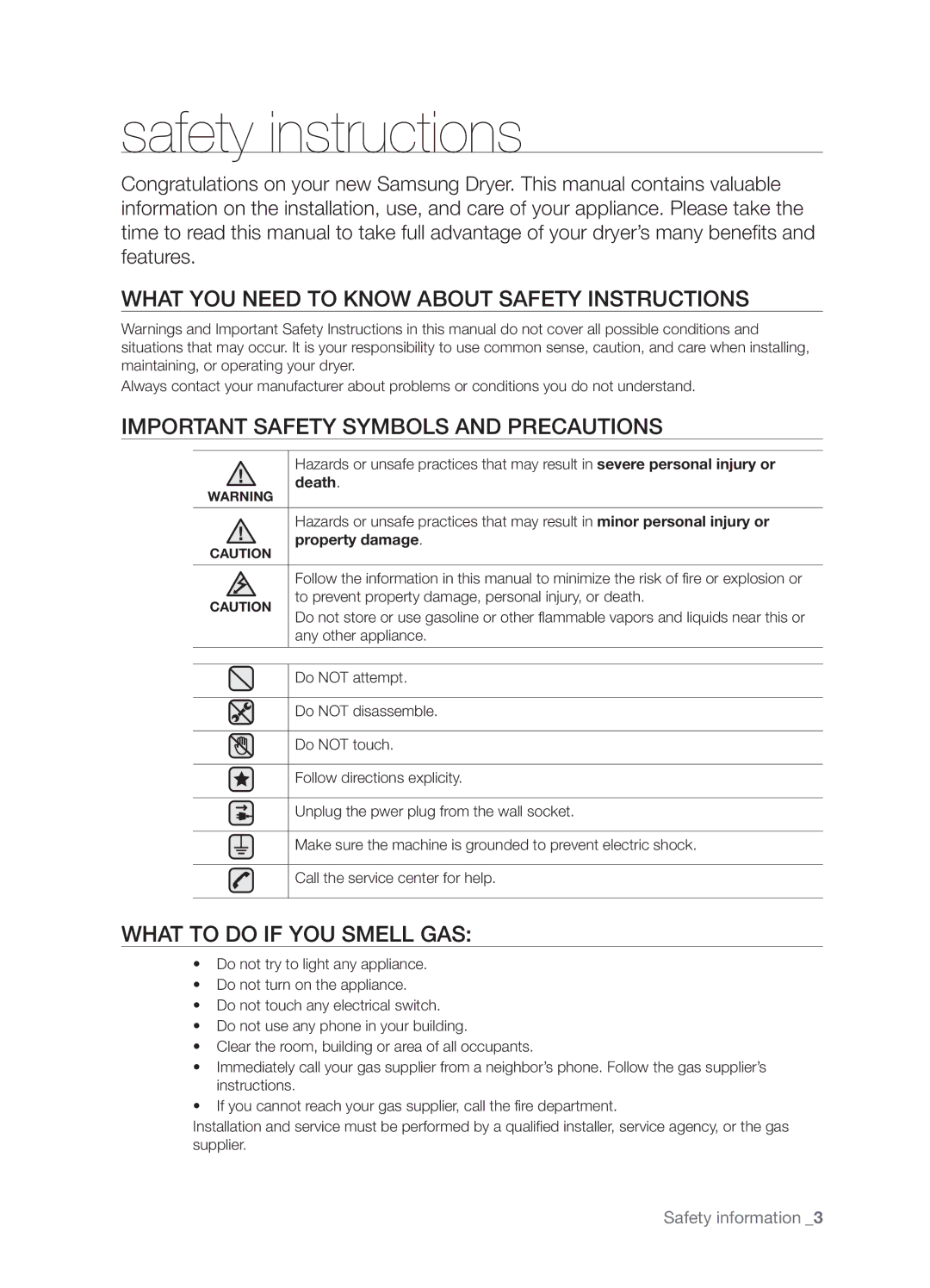 Samsung DV203 user manual Safety instructions, What YOU Need to Know about Safety Instructions, What to do if YOU Smell GAS 