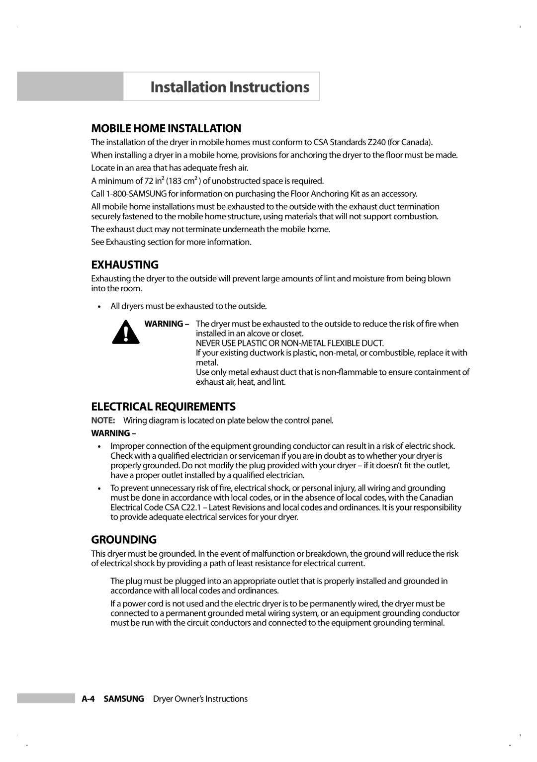 Samsung DV206LEW owner manual Mobile Home Installation, Exhausting, Electrical Requirements, Grounding 