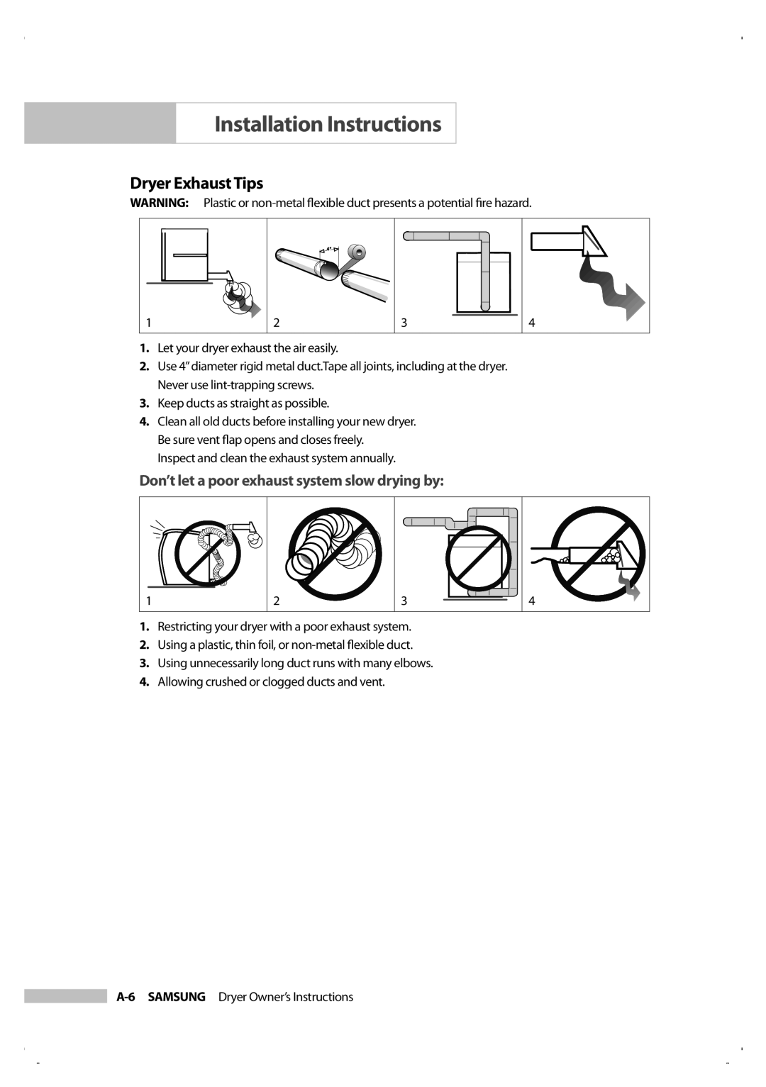 Samsung DV206LEW owner manual Dryer Exhaust Tips, Don’t let a poor exhaust system slow drying by 